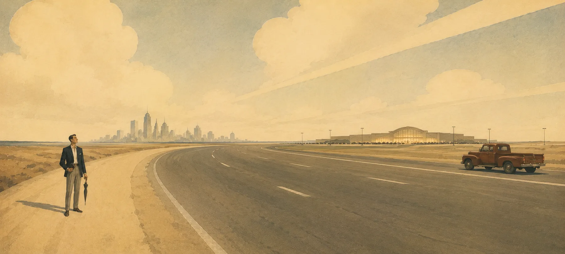 A watercolour illustration of a suited man standing at the edge of a vast American highway, a distant city skyline on one horizon and a big-box store on the other, a red pickup truck passing by.