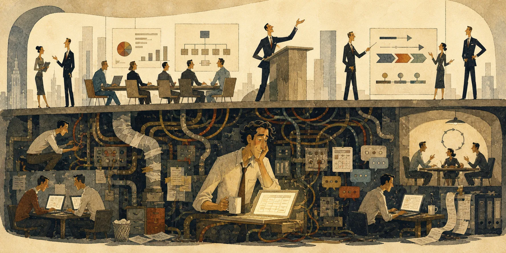 A watercolour illustration split in two: above, suited figures present org charts and roadmaps in a bright boardroom; below, workers hunch over terminals amid a tangle of pipes, cables, and flickering control panels.