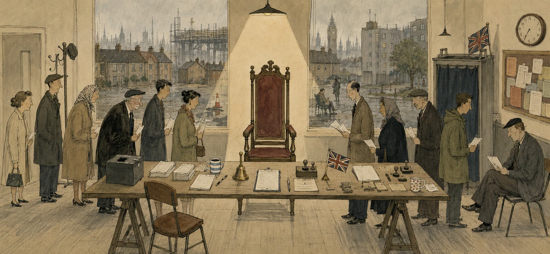 A watercolour illustration of a British polling station on a rainy day: voters queue with ballot papers at a trestle table laid with a ballot box, ledgers, ink stamps and a brass bell, an ornate empty chair lit by a hanging lamp at the centre, and windows looking out on terraced houses, a stalled construction site and a distant Westminster skyline.